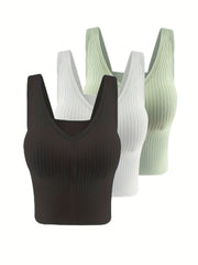 3pcs Ribbed Tank Tops V Neck Padded Women's Lingerie