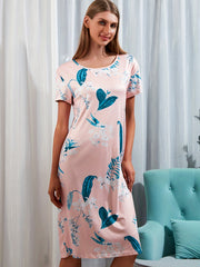 Floral Print Lounge Dress Crew Neck Short Sleeve Women's Home Dress