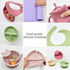 9pcs Kids Tableware Set Silicone Divided Plate Fork Spoon Cartoon Table Mat