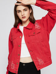 Red Distressed Deco Fit Jacket Red Coat Women's Denim Coat