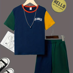 Boy's 2pcs T shirt & Elastic Waist Shorts Set LOS ANGELES Print Short Sleeve Top