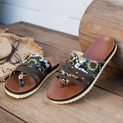 Women's Sunflower & Cow Print Thong Sandals Comfort Non slip Slip on Platform