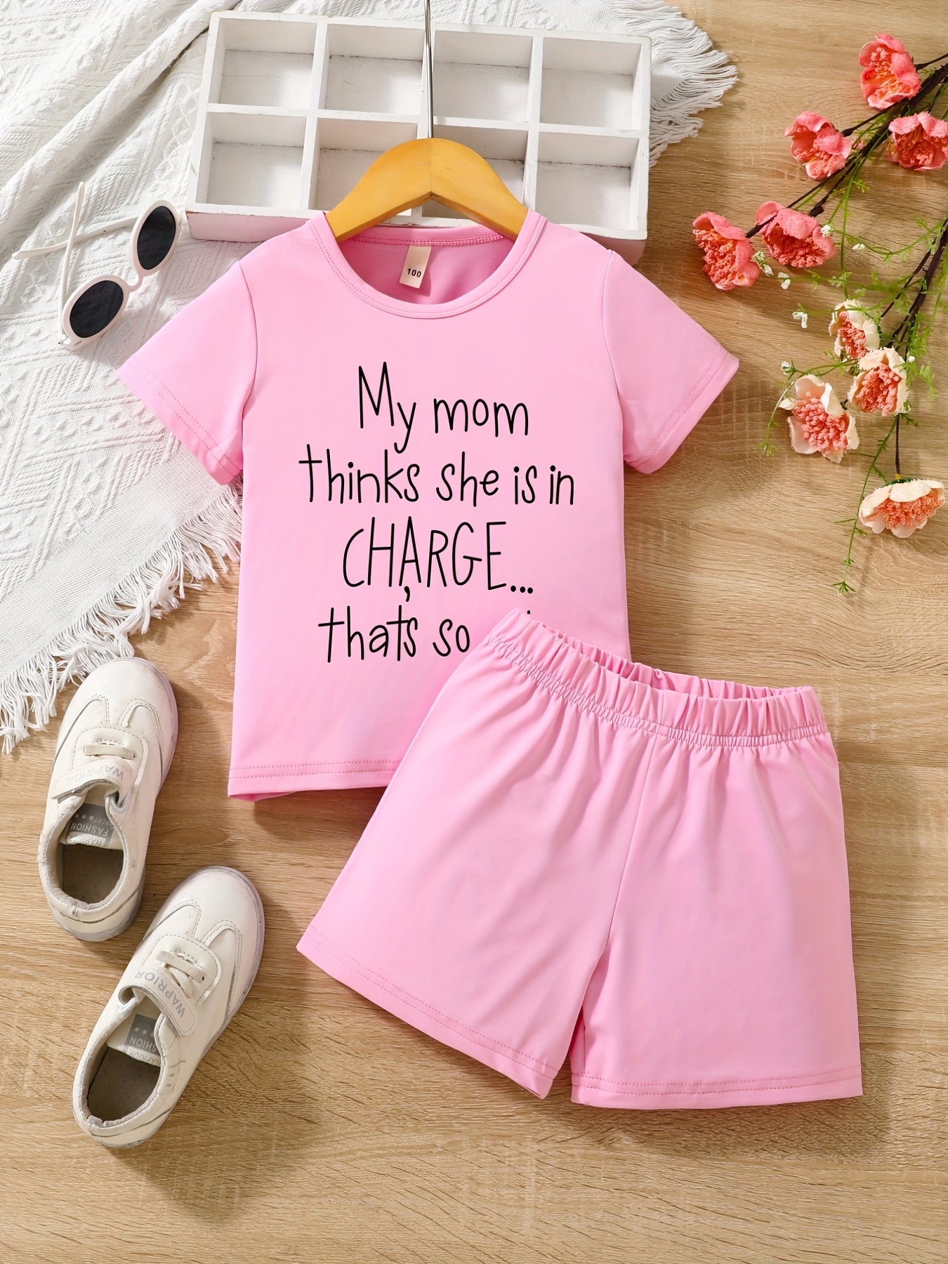 Girls 2 pc Summer Clothes Funny Letter Print Short Sleeve T Shirt Shorts Set