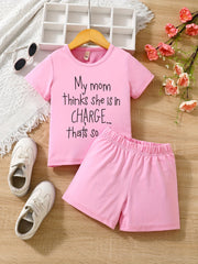 Girls 2 pc Summer Clothes Funny Letter Print Short Sleeve T Shirt Shorts Set