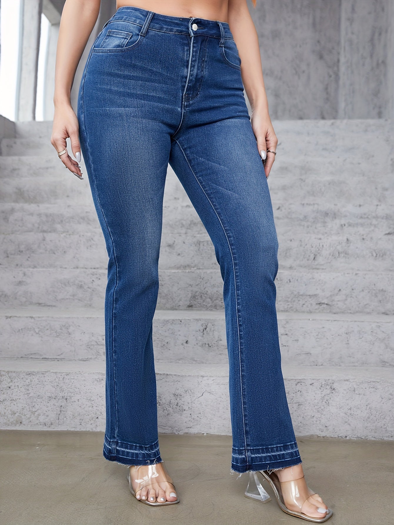 Plus Washed Button Fly High Rise Flared Leg Jeans
