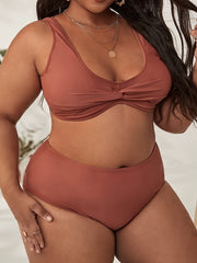 Solid Ruched Bra & Panty Swimsuit Set Plus Size Vacay 2pcs Set