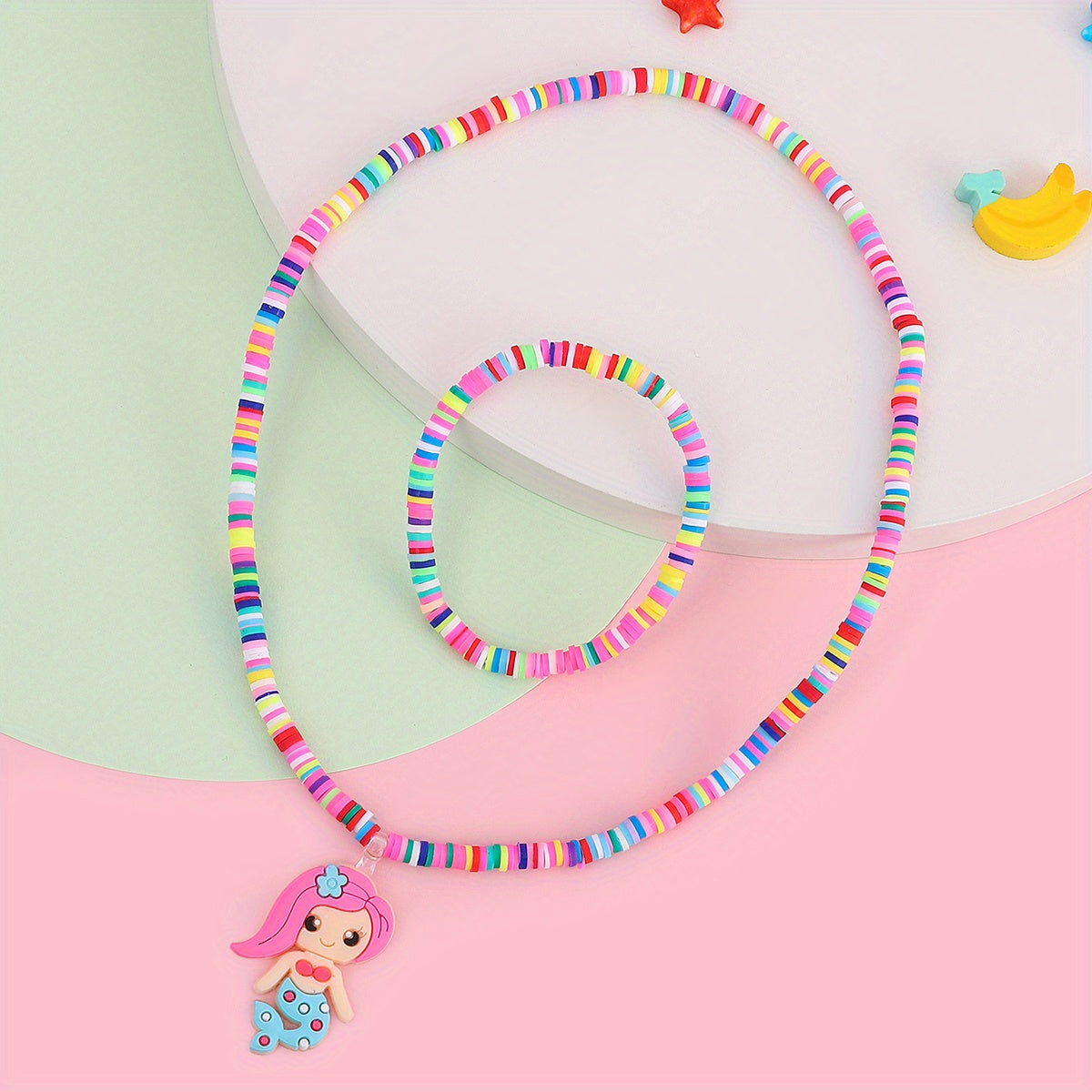 2pcs Mermaid Colorful Beaded Necklace Bracelet Set for Girls