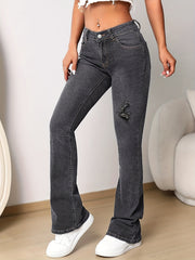 Grey Flared Legs Denim Jeans Bell Bottom High Stretch
