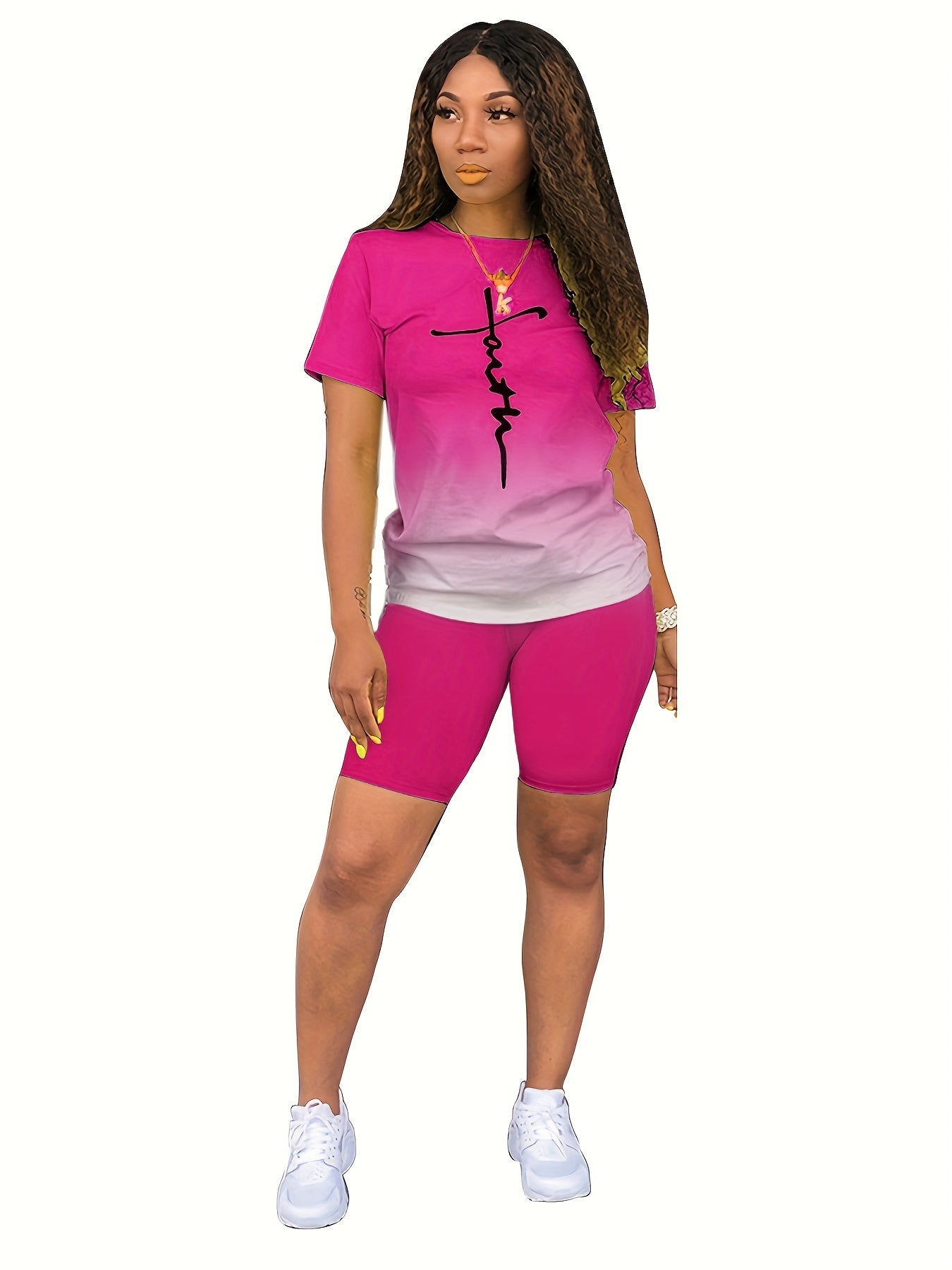 Faith Print Ombre Two-piece Set Short Sleeve Tops & Shorts