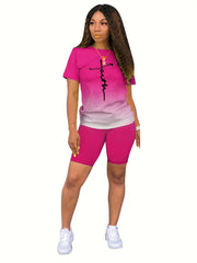 Faith Print Ombre Two-piece Set Short Sleeve Tops & Shorts