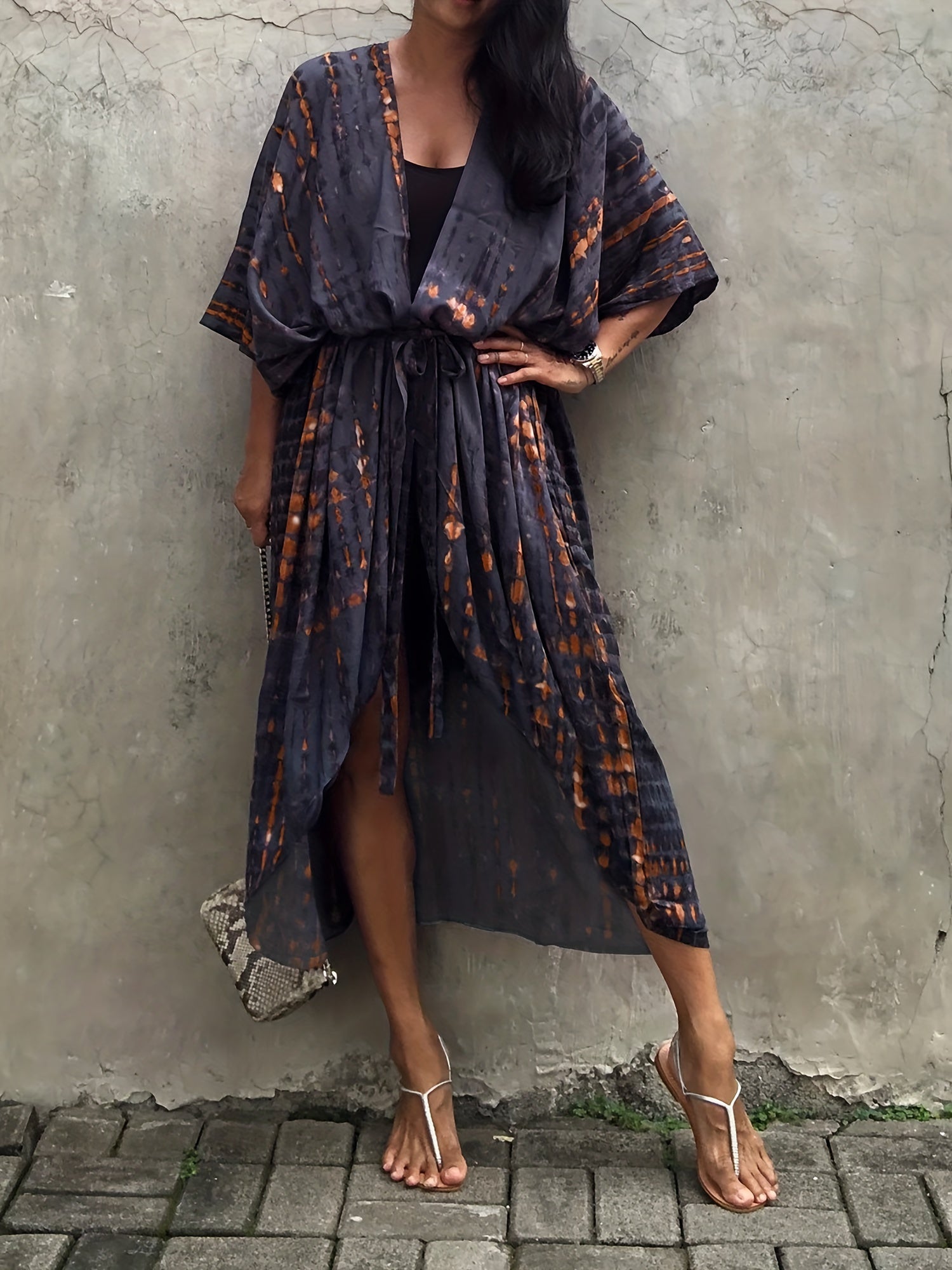 Boho Tie Dye Striped Kimono Cover Up With Belt