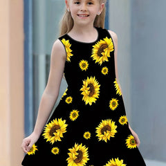 Girls Sunflower Print Sleeveless Loose Fit Summer Dress