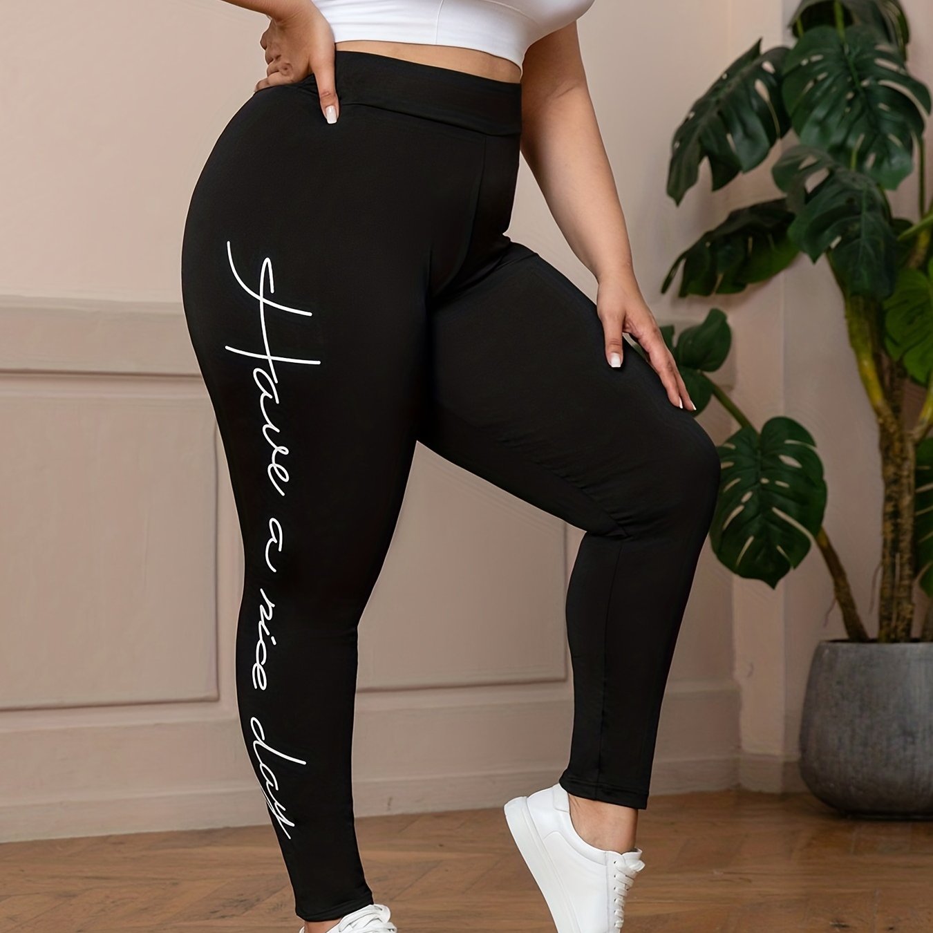 Women's Slogan Print High Rise Skinny Leggings
