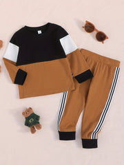 Boys Comfy Casual Suit Contrast Crew Neck Tops & Striped Pants
