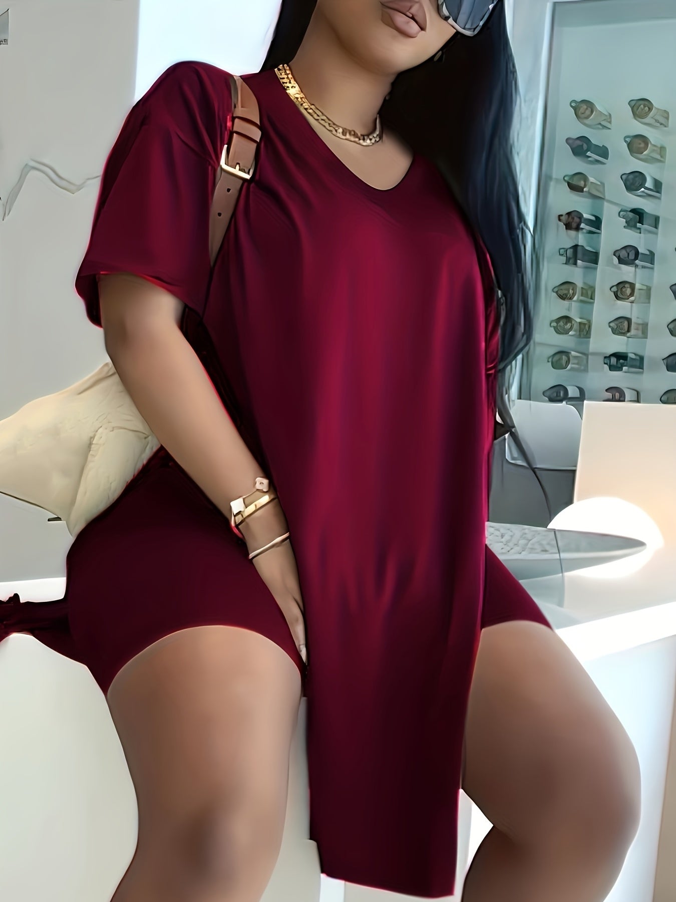 Oversized T Shirt Set Drop Shoulder Short Sleeve Side Slit T Shirt & Shorts 2pcs