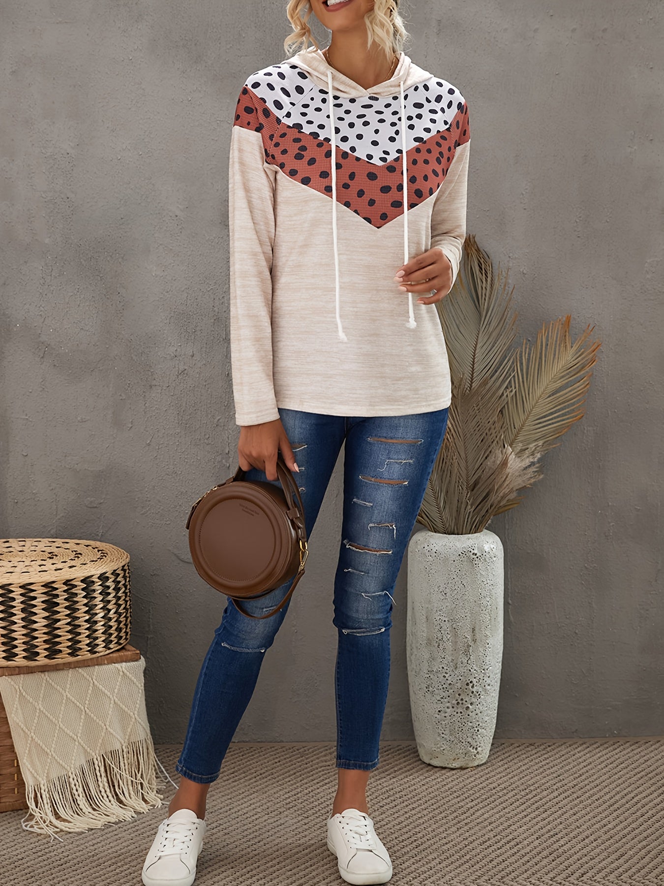 Leopard Polka Dot Print Drawstring Hoodie Sweatshirt