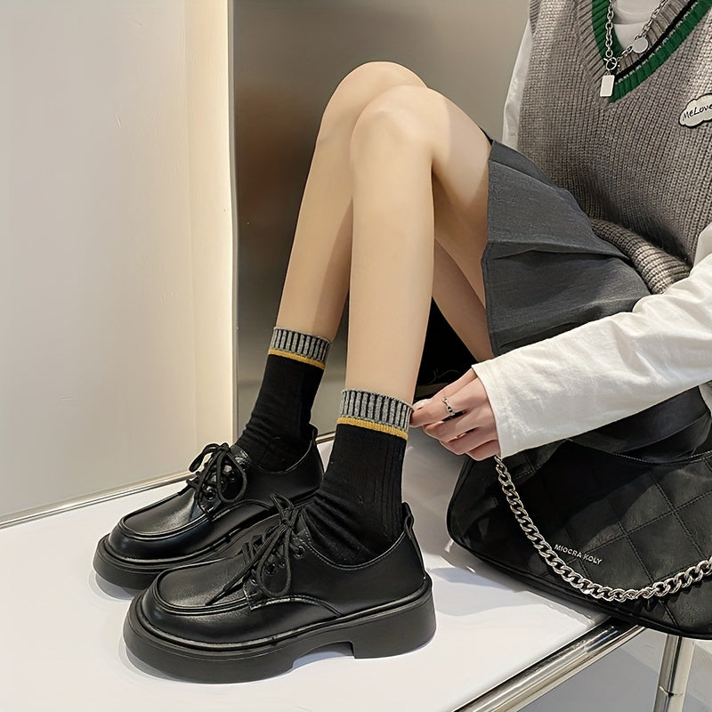 Women's Chunky Heel Loafers Round Toe Lace Up Low Top Shoes