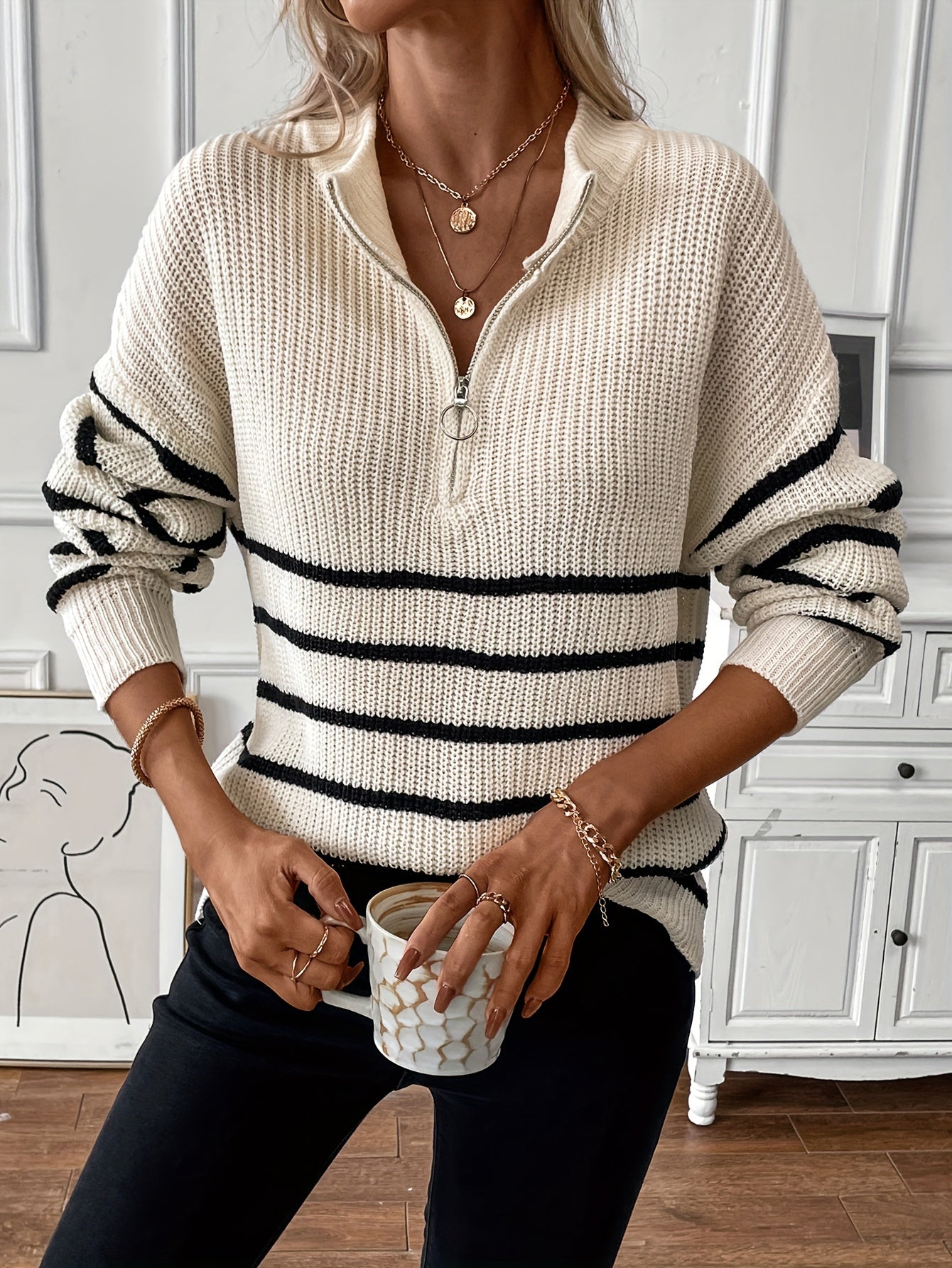 Striped Print Knit Sweater Long Sleeve Women's Clothing
