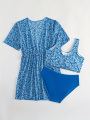 Girls' Tropical Print Bikini Set with Sunscreen Cardigan Shirt