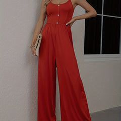Casual Solid Button Spaghetti Jumpsuit Sleeveless Wide Leg Loose Waist Jumpsuit