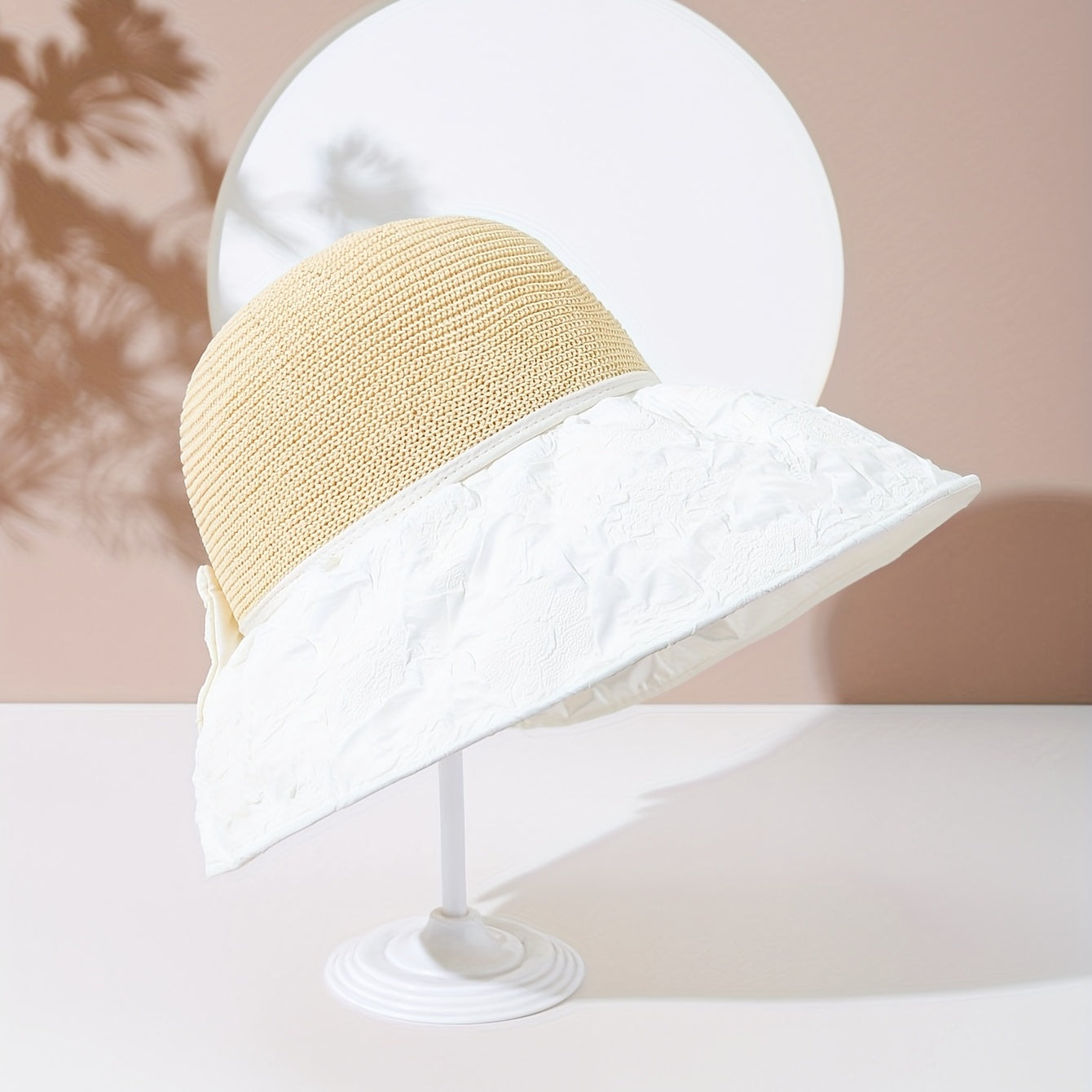 Beige Bowknot Embossed Sun Hat Wide Brim Bucket Hat