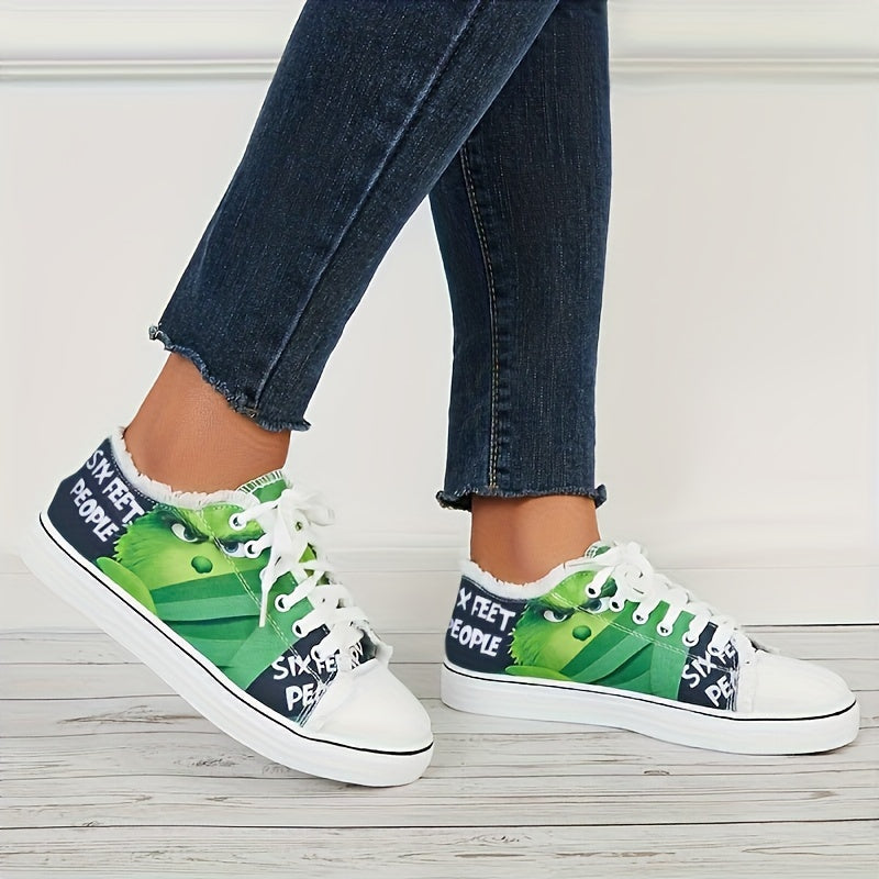 Women Cartoon Pattern Raw Trim Board Shoes Lightweight Low Cut Canvas Sneakers