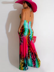 Tie Dye Wide Leg Halter Jumpsuit Backless Sexy Jumpsuit