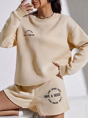 Letter Print Casual Long Sleeve Loose Sweatshirt & Elastic Waist Shorts