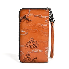 Vintage Leather Women's Wallet with Deer Print Orange & Light Brown
