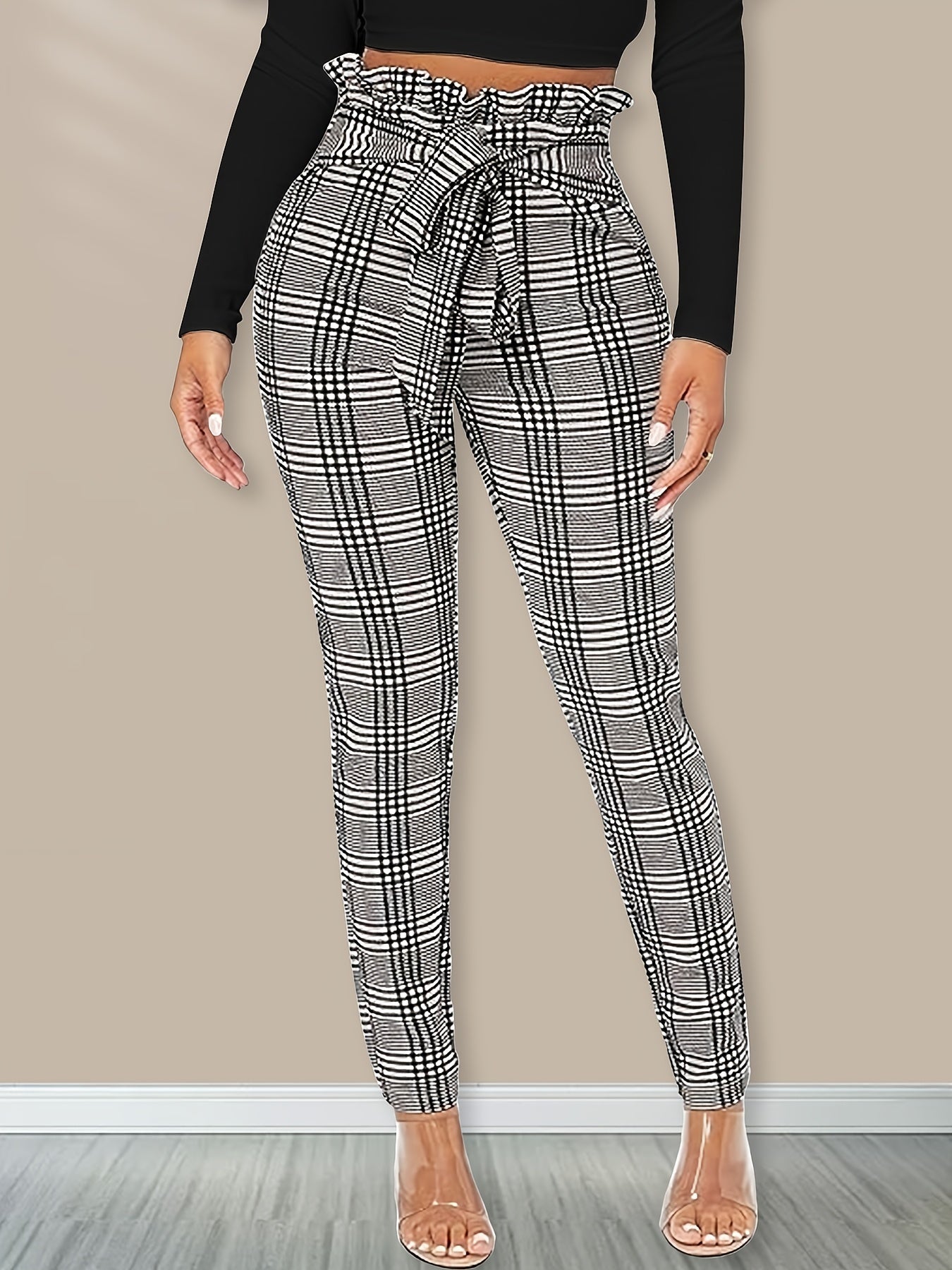 Plaid Print Tie Waist Pants for Women