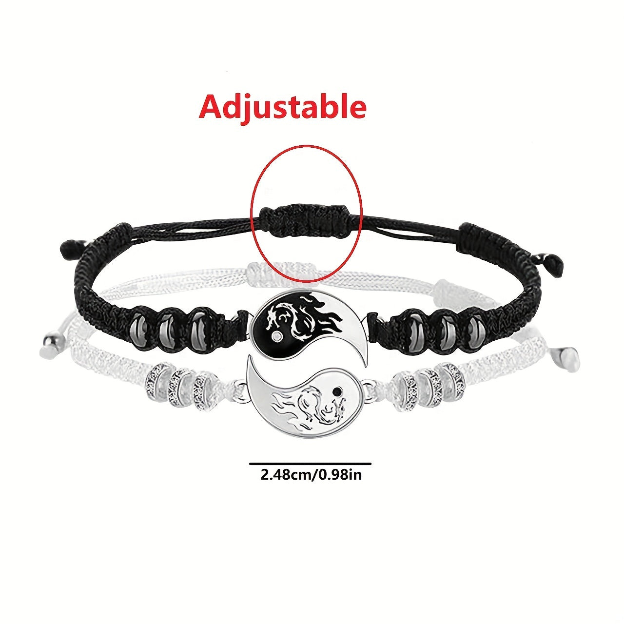 2Pcs Yin Yang Couple Bracelets Necklace Set Adjustable Braid Chain