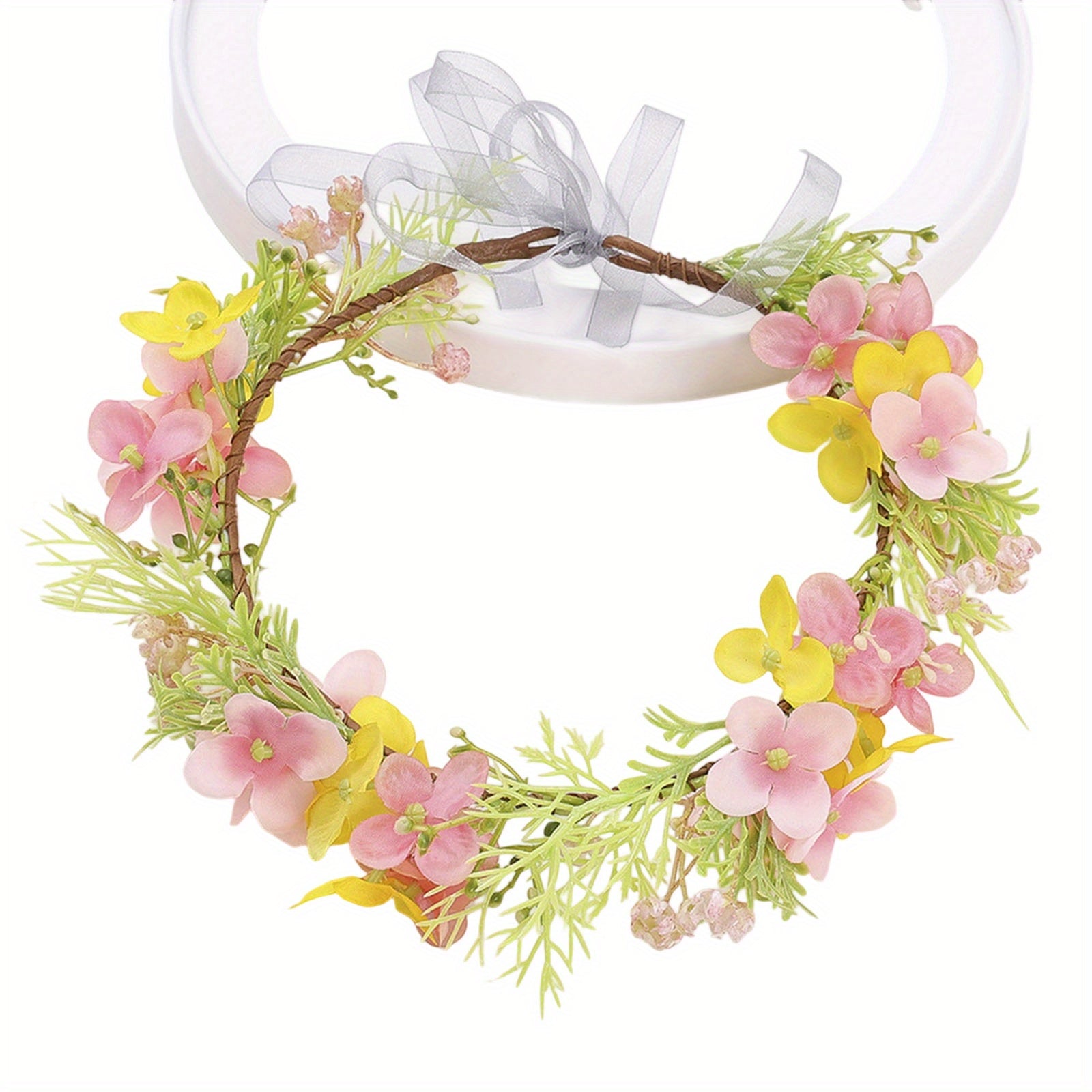 Floral Crown Headband Artificial Rattan Leaf Hair Wreath with Ribbon