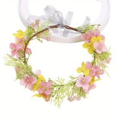 Floral Crown Headband Artificial Rattan Leaf Hair Wreath with Ribbon