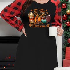 Casual Loungewear Dress Women's Plus Pumpkin & Rugby Print Plaid Ragla