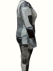 Plus Denim Print Long Sleeve Tee & Leggings Set