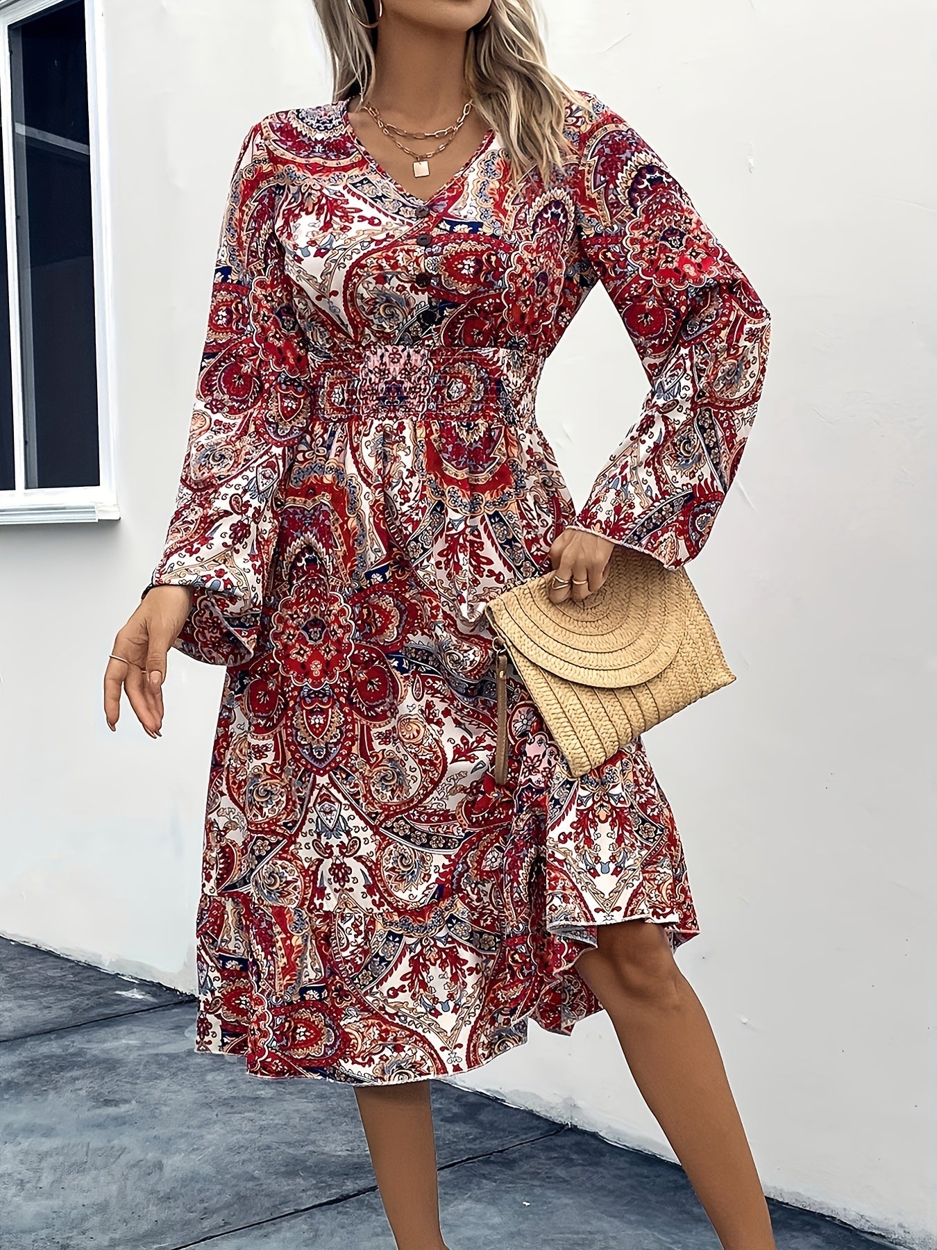 Boho Dress Paisley Floral Print V Neck Maxi Dress