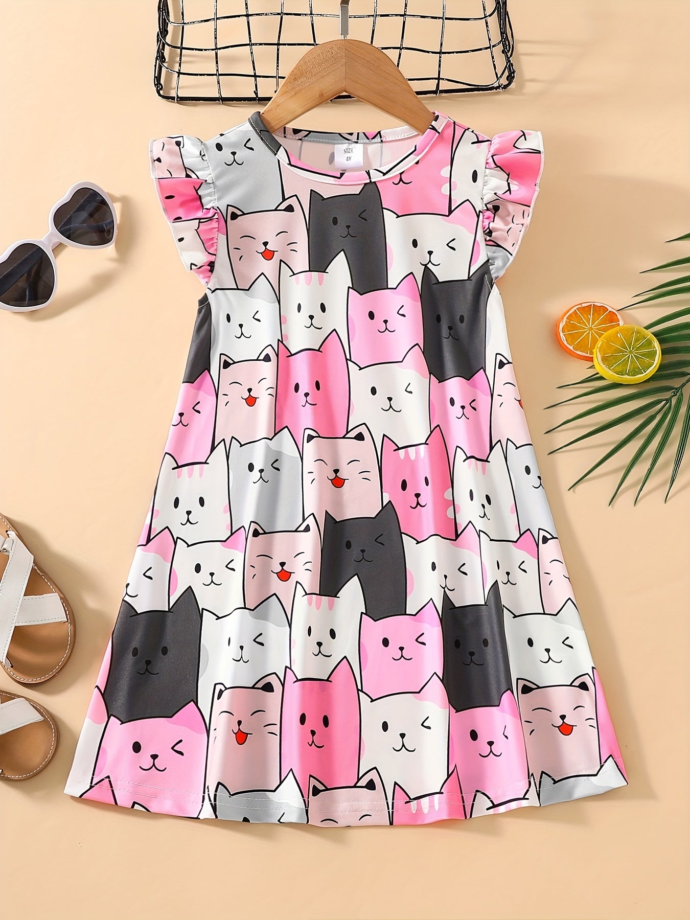 Girls Cartoon Cat Sleeveless Dress for Summer Holiday