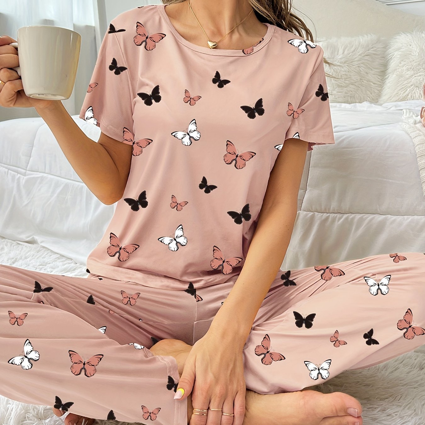 Butterfly Print Pajama Set Short Sleeve Crew Neck Top & Elastic Waistband Pants