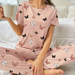 Butterfly Print Pajama Set Short Sleeve Crew Neck Top & Elastic Waistband Pants