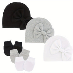 3 Sets Baby Bow Cap & Mittens Gloves Set Autumn Spring