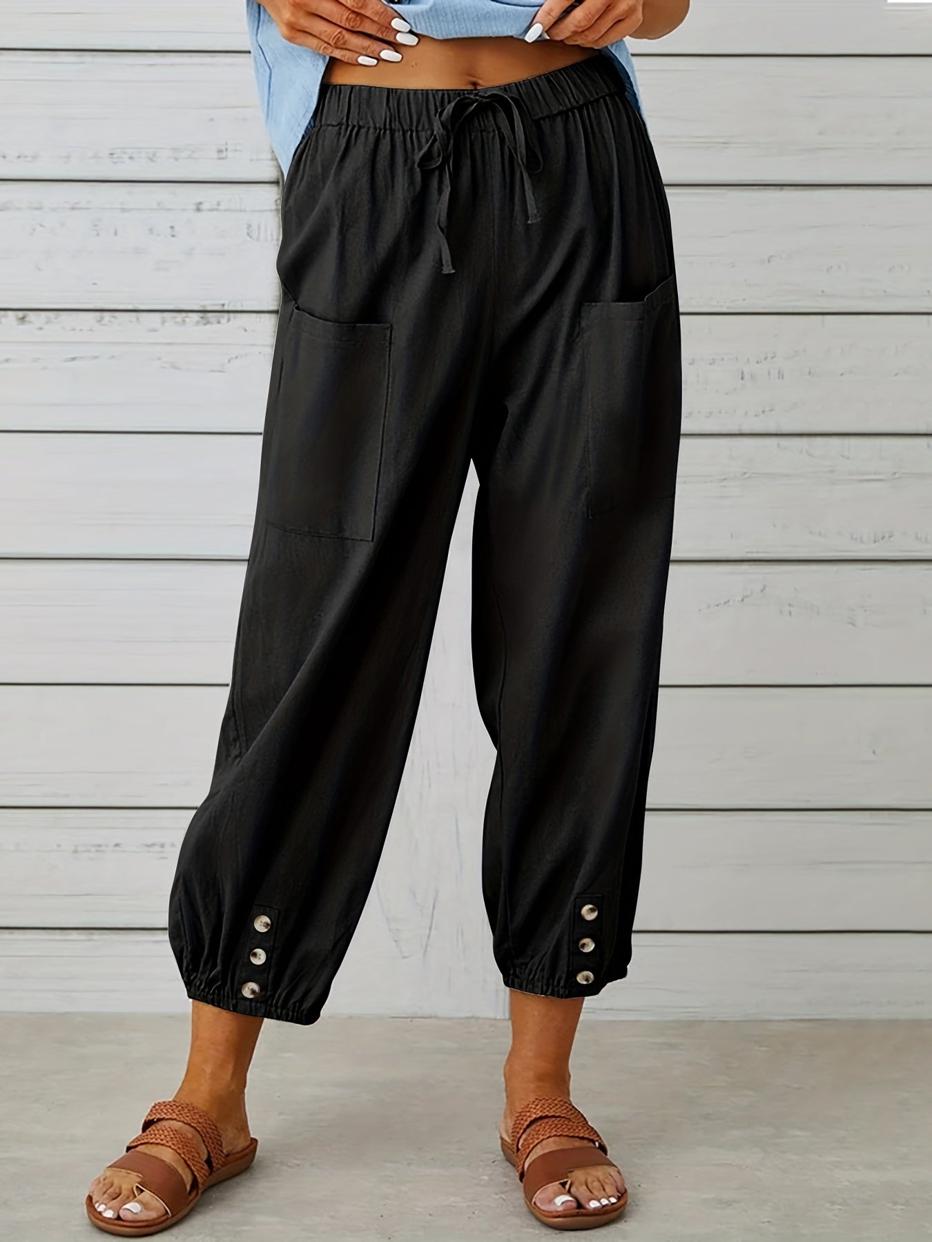 Patched Pockets Button Front Crop Pants Casual Loose Pants