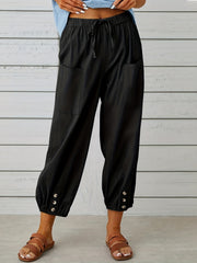 Patched Pockets Button Front Crop Pants Casual Loose Pants