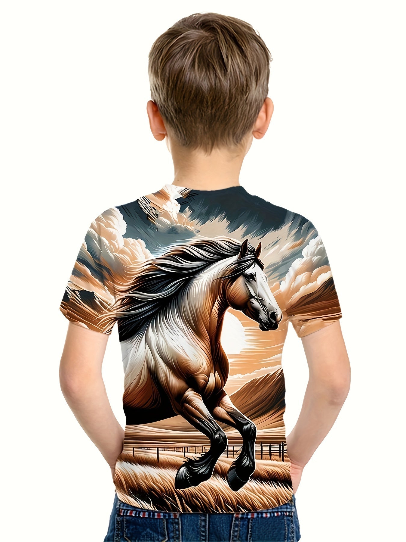 Running Horse 3D Print Boy's Casual Tees Short Sleeve Crew Neck