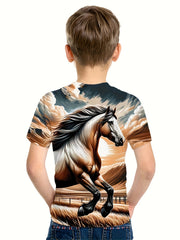 Running Horse 3D Print Boy's Casual Tees Short Sleeve Crew Neck