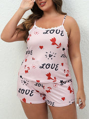 Flower & Letter Print Lace Cami Top & Shorts Pajama Set