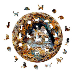 Cat Shaped Wooden Jigsaw Puzzle with Autumn Leaves Art