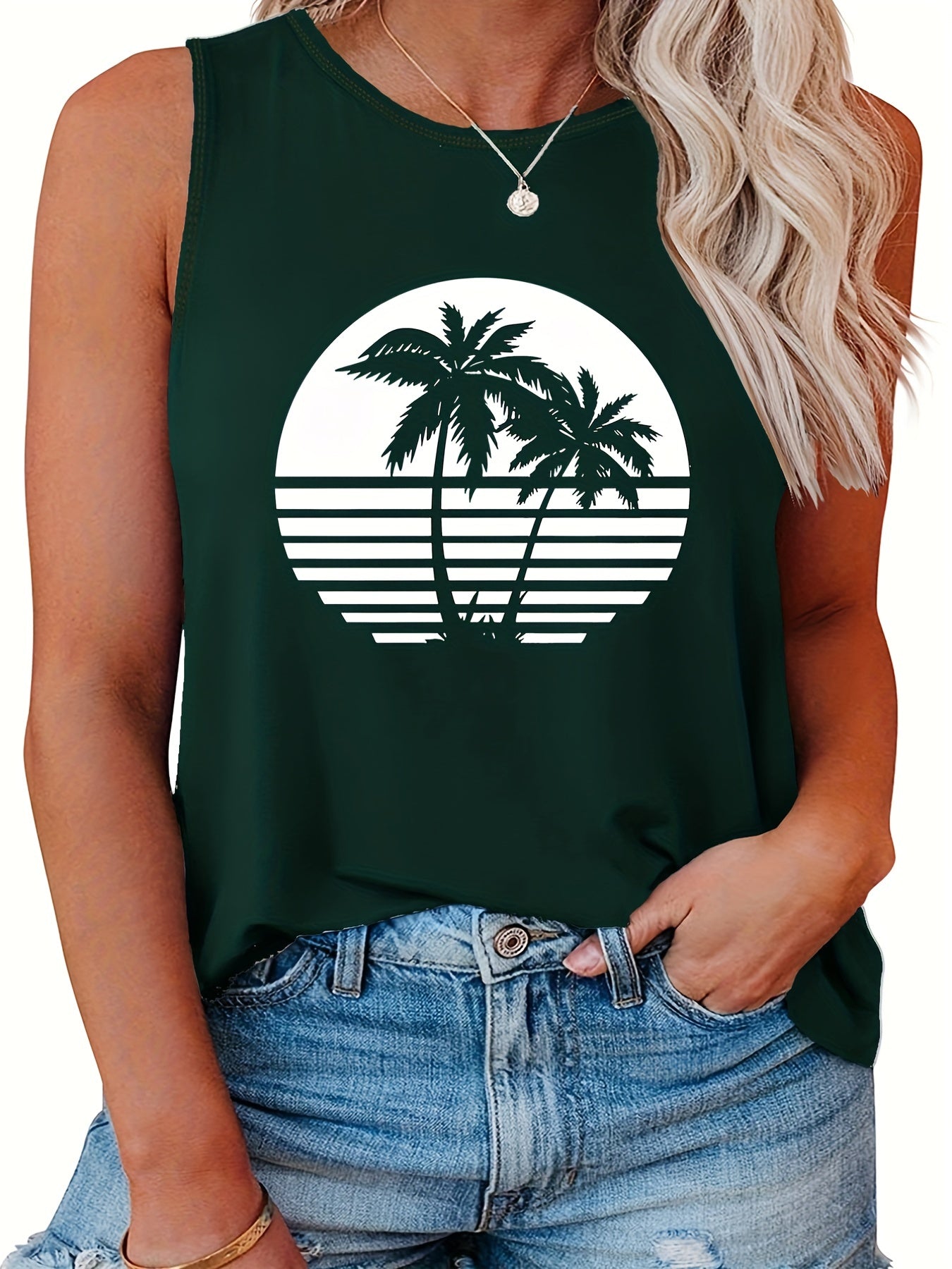 Palm Tree Print Round Neck Tank Top for Women