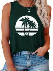 Palm Tree Print Round Neck Tank Top for Women