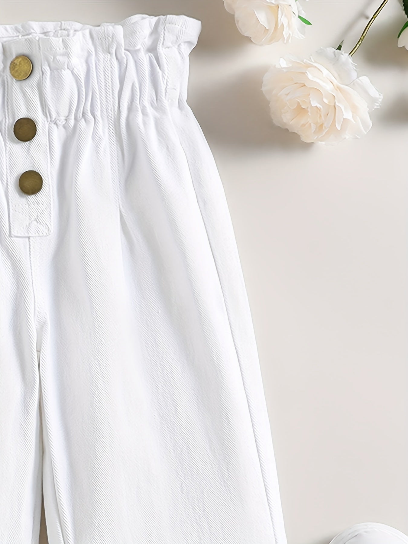 Girls Ruffle Paperbag Waist Straight Leg Pants High Waist Button Trousers