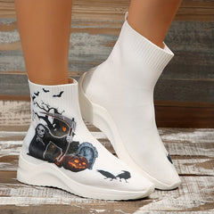 Halloween High Top Sock Boots Ghost Face Print Ankle Boots
